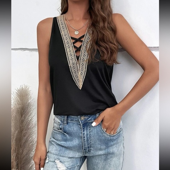 Classic Boho Lace Crisscross Front Sleeveless Tank Top Blouse Shirt Black - Picture 1 of 11